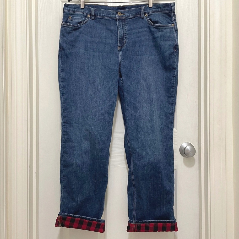 Duluth Trading Red Buffalo Plaid Flannel Lined Jeans Straight Leg Sz 18 Outdoor - Picture 2 of 11